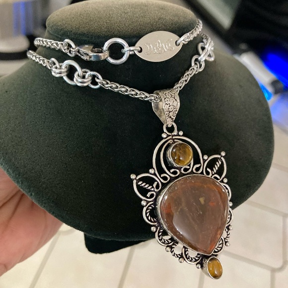 925 sterling silver overlay charm red jasper & golden brown tiger eye necklace - Picture 4 of 16